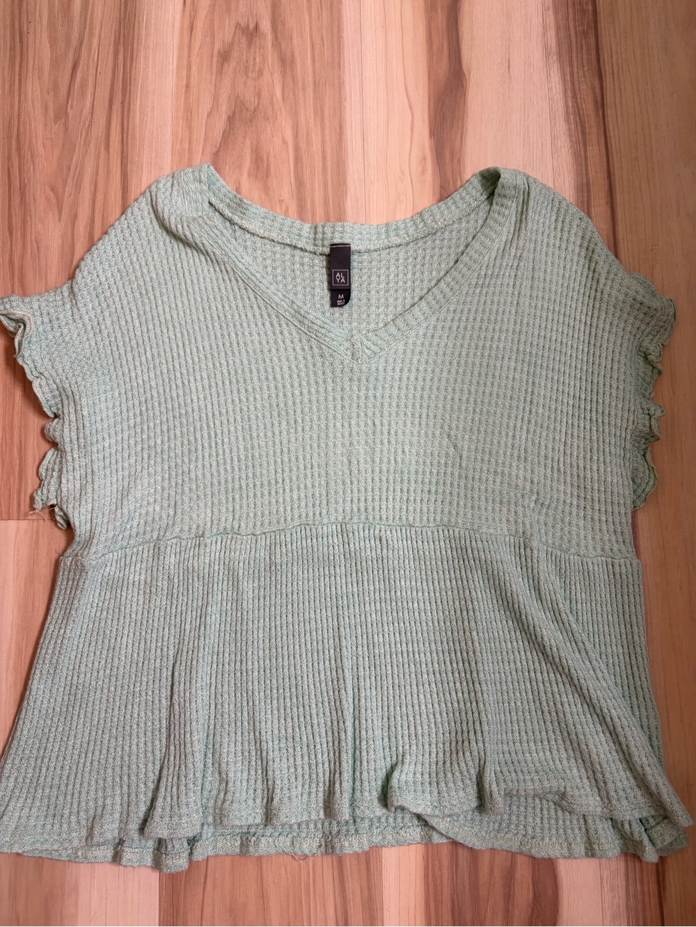 Alya Soft Mint Green Waffle V-Neck Peplum Tunic with Ruffle Sleeves